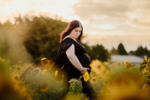 outdoor golden hour maternity session in a sunflower field in bathurst using black gown client wardrobe
